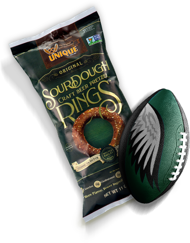 Bag of Sourdough Pretzels and Eagles branded football